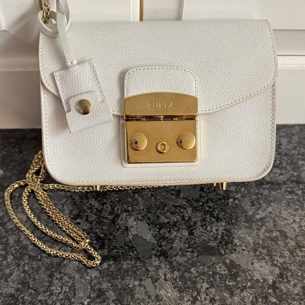 Furla White Leather Mini Crossbody with Gold Lock and Chain